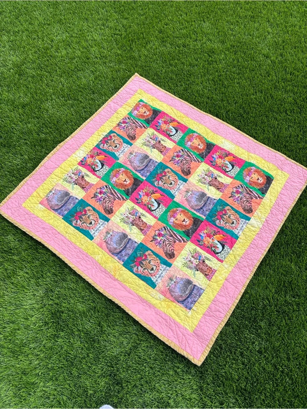 Colorful Animal Patchwork Baby Quilt - Pink, Yellow, Green 34x34